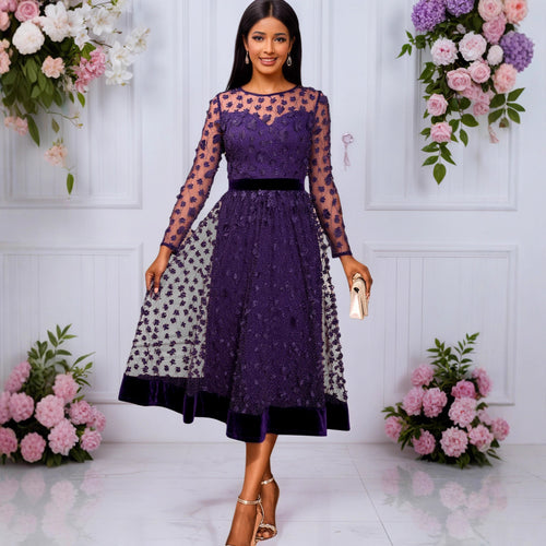 Damen elegantes A-Linien Abendkleid mit floralen Spitzenapplikationen EB