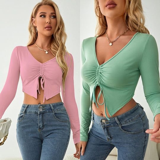 Damen Langarm Crop-Top mit raffiniertem Raffung und tiefem V-Ausschnitt EB