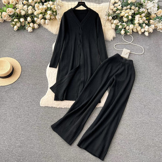 Damen elegantes Strickanzug mit V-Ausschnitt und weitem Bein EB