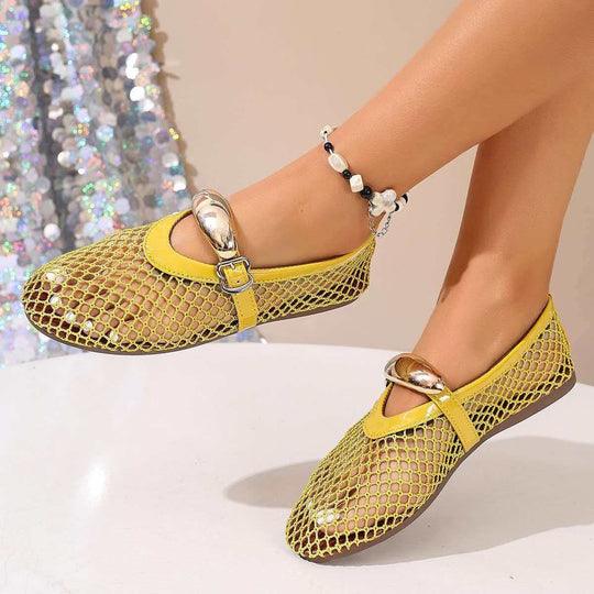Damen atmungsaktive Mesh-Ballerinas mit dekorativen Schnallen und rutschfester Sohle EB