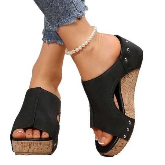 Damen Plateau-Pantoletten mit modischem Cut-Out-Design und rutschfester Korksohle EB
