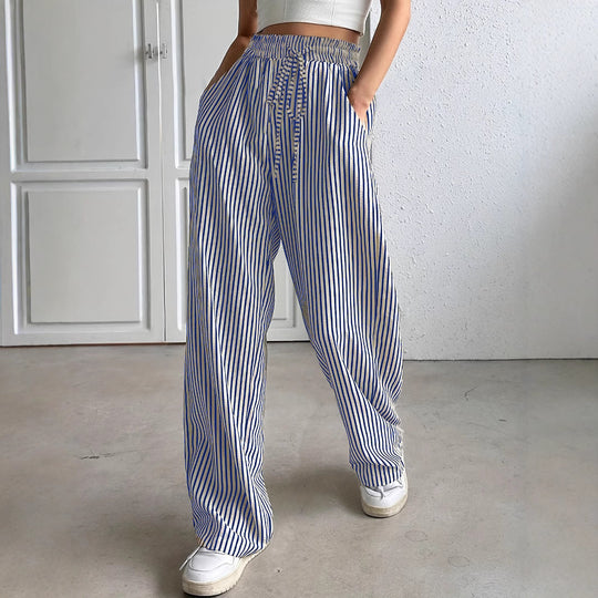 Damen Weit geschnittene Streifenhose mit elastischem Bund und Taschen EB