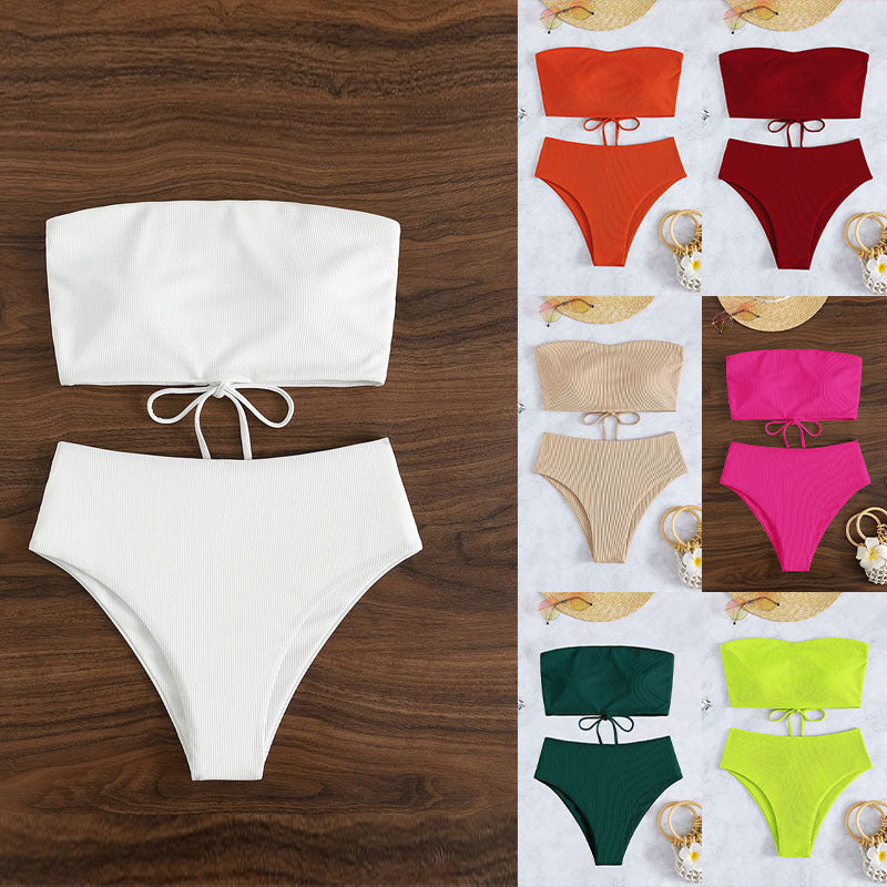 Damen Bandeau-Bikini-Set mit hohem Beinausschnitt und Bindedetails EB