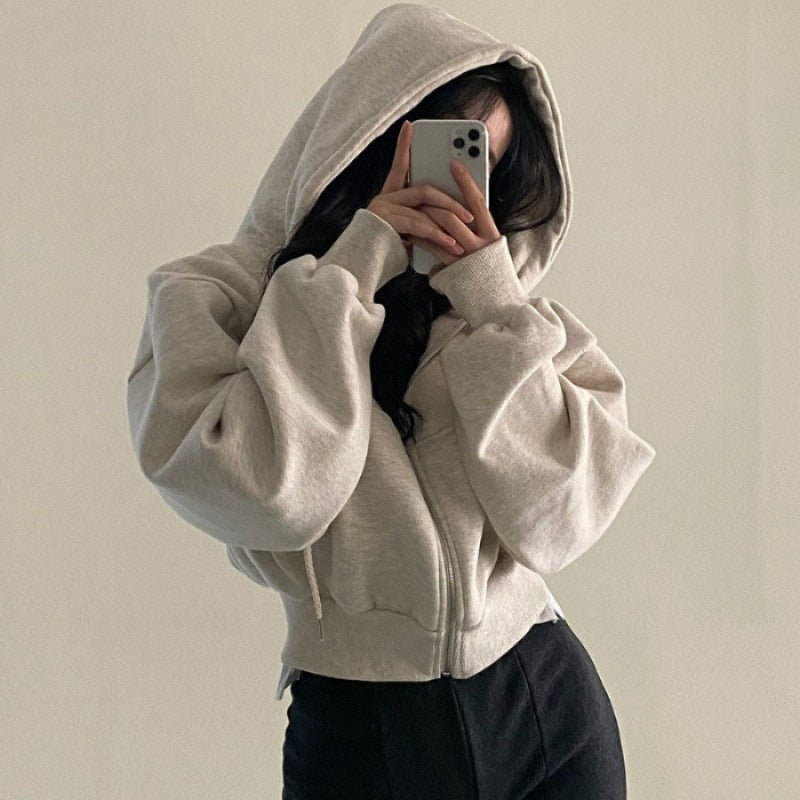 Damen nan oversized cropped Kapuzenjacke mit Reißverschluss und Ballonärmeln EB