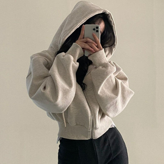 Damen nan oversized cropped Kapuzenjacke mit Reißverschluss und Ballonärmeln EB