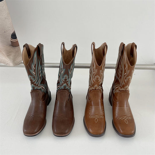 Damen Western-Cowboy-Boots mit aufwendiger Stickerei, mittlerer Schafthöhe und robuster Blockabsatz EB