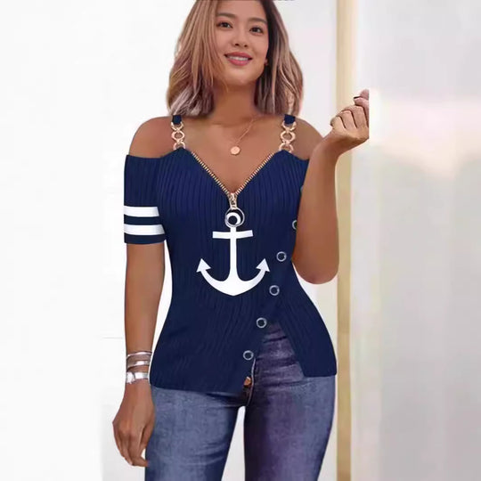 Damen Off-Shoulder Oberteil mit maritimem Motiv und dekorativen Knöpfen EB
