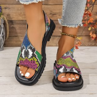 Damen bequeme Riemchen-Sandalen mit buntem Muster EB