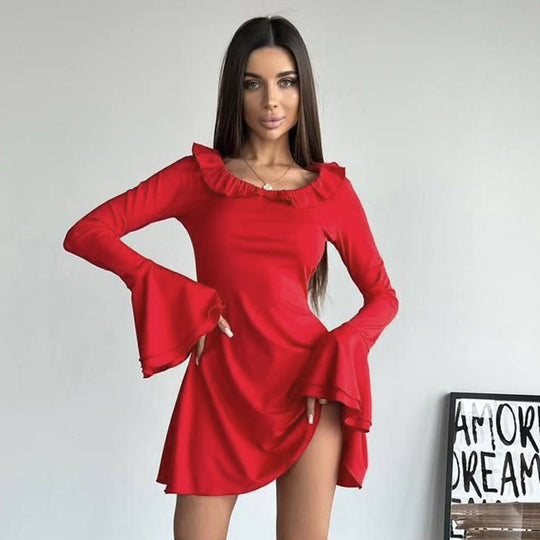 Damen Off-Shoulder Minikleid mit Rüschendetails und ausgestellten Ärmeln EB