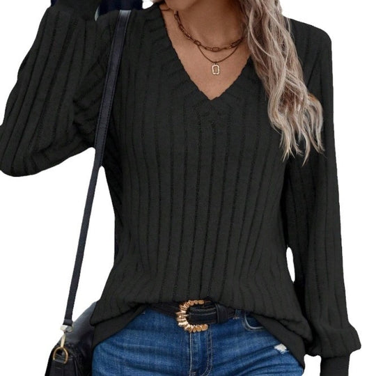 Damen Strickpullover mit V-Ausschnitt und dekorativen Rippdetails EB