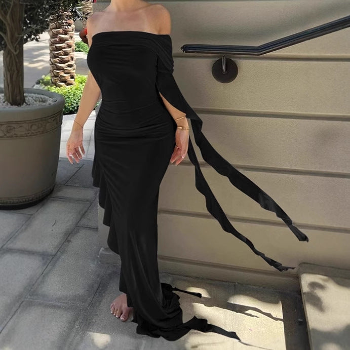 Damen Elegantes Off-Shoulder Maxikleid mit asymmetrischem Saum und Rüschendetails EB