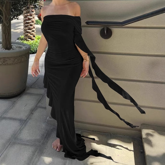 Damen Elegantes Off-Shoulder Maxikleid mit asymmetrischem Saum und Rüschendetails EB
