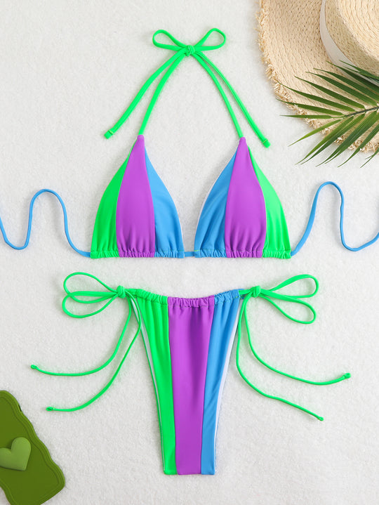 Damen Bikini-Set mit trendy Farbblock-Design und verstellbaren Bändchen EB