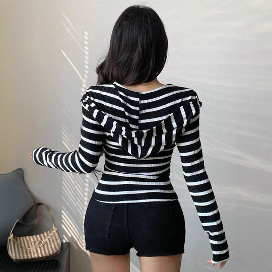 Damen Figurbetontes Blusenshirt mit Reißverschluss und Kapuze EB