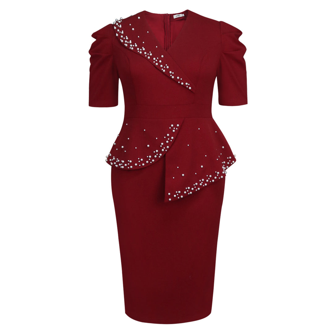 Damen figurbetontes Wickelkleid mit Rüschen und Perlenakzenten EB