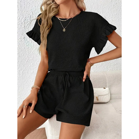 Damen lässiger Shortsanzug mit Rüschendetails und elastischem Taillenzug EB