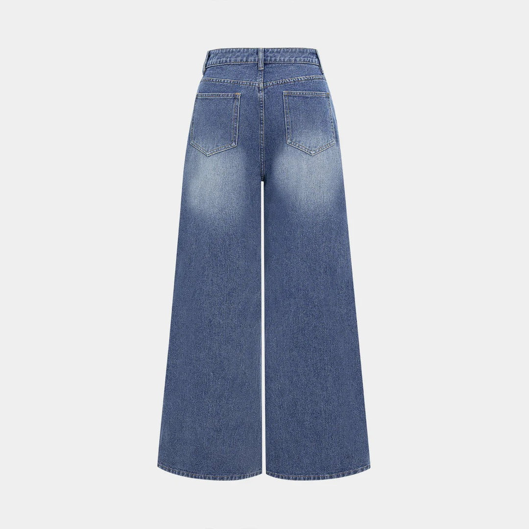 Damen nan hochgeschnittene Doppelbund-Jeansculotte mit weitem Cropped-Bein und sichtbaren Nahtpaneelen EB