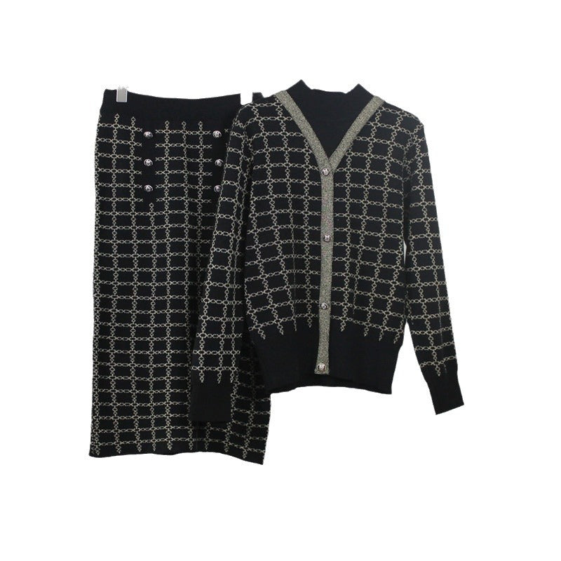 Damen Strickensemble mit dekorativen Knöpfen und elegantem V-Ausschnitt EB