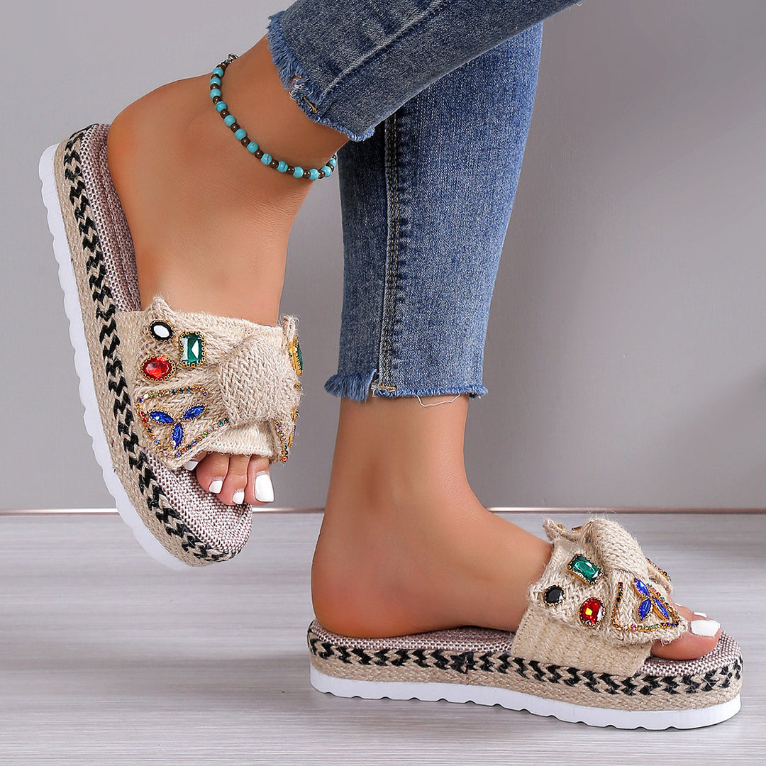 Damen Wedge-Pantoletten mit eleganter Schleifenverzierung und funkelnden Schmucksteinen EB