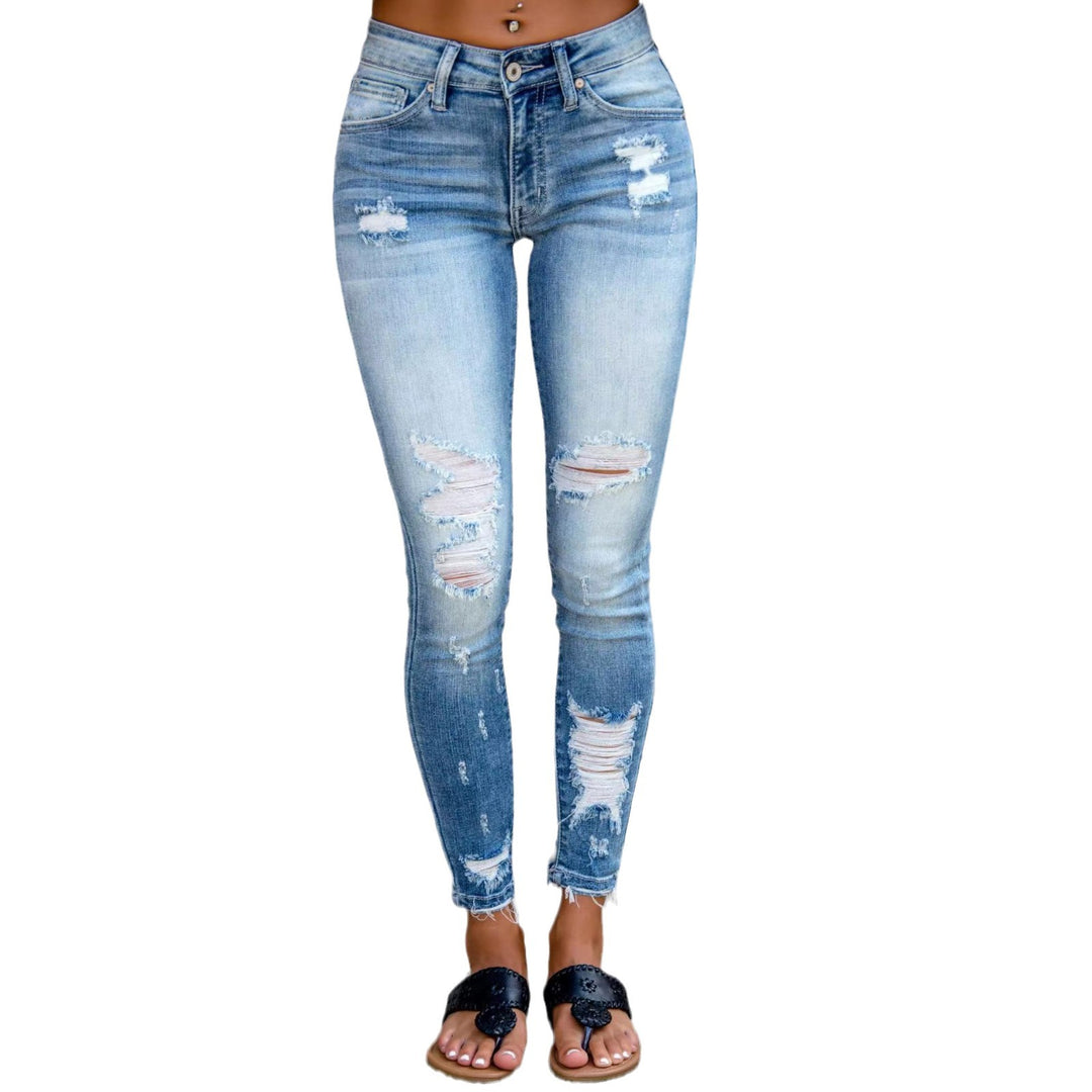 Damen Skinny Jeans im angesagten Destroyed-Look mit hohem Bund und ausgefranstem Saum EB