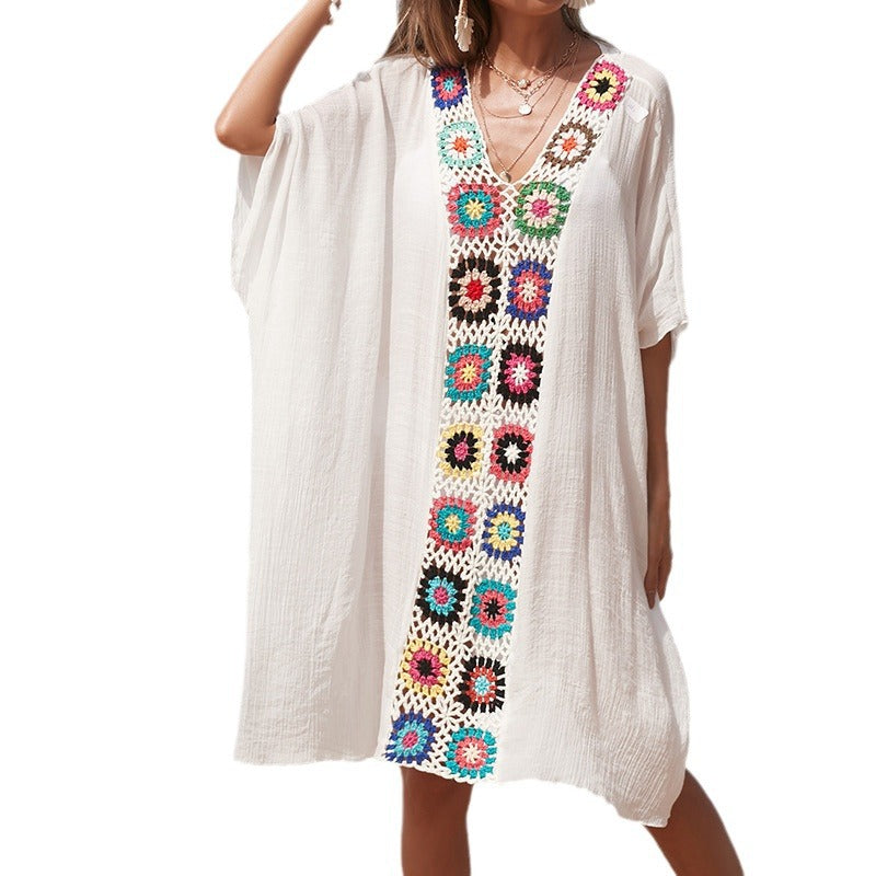 Damen Häkel-Strandtunika im lässigen Oversize-Stil mit bunten Applikationen EB