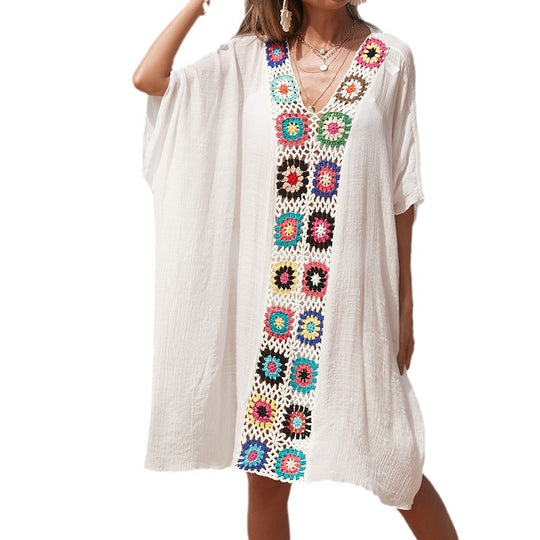 Damen Häkel-Strandtunika im lässigen Oversize-Stil mit bunten Applikationen EB