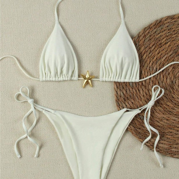 Damen Triangel-Bikini-Set mit verstellbaren Trägern und dekorativem Schmuckelement EB
