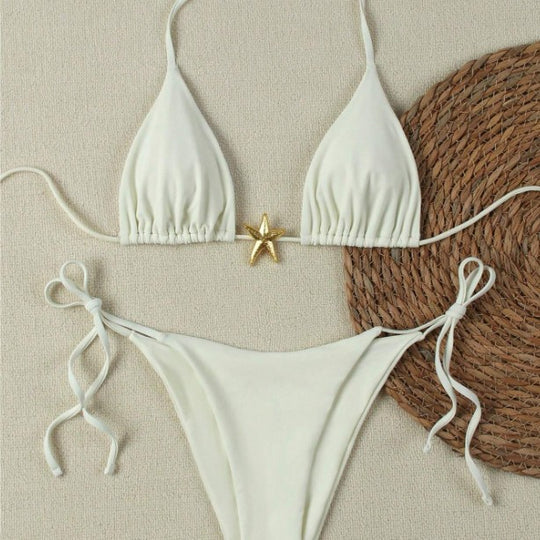 Damen Triangel-Bikini-Set mit verstellbaren Trägern und dekorativem Schmuckelement EB