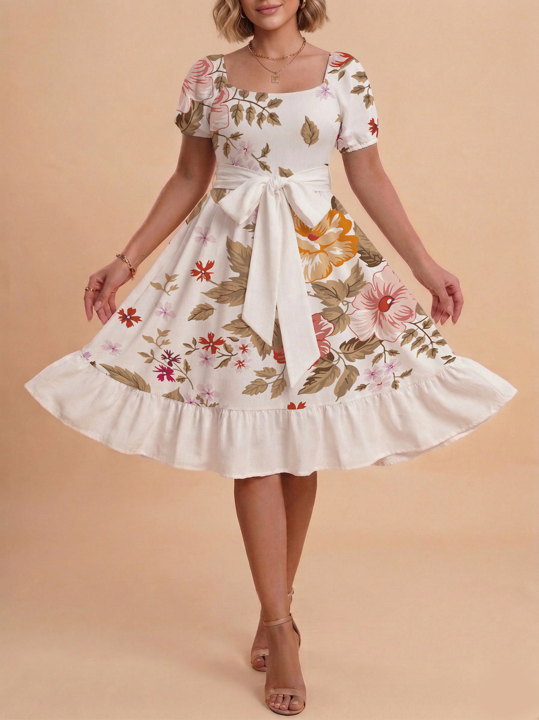 Damen Sommerliches Blumenkleid mit taillierbarem Gürtel und voluminösen Ärmeln EB