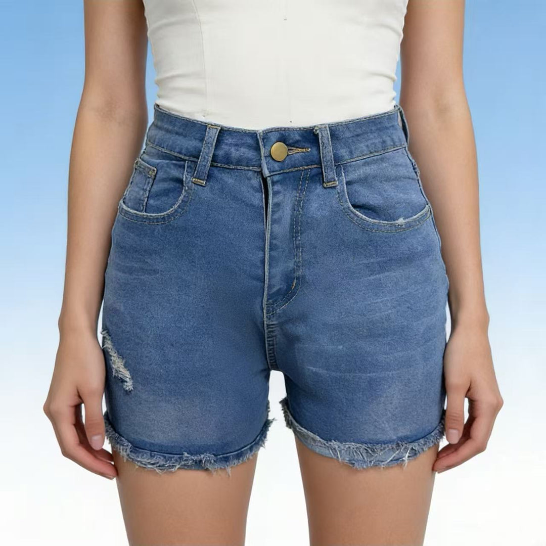 Damen lässige High-Waist Denim-Shorts mit Fransen und modischen Destroyed-Details EB