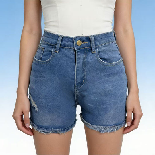 Damen lässige High-Waist Denim-Shorts mit Fransen und modischen Destroyed-Details EB