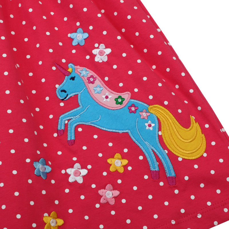 Mädchen Kleid mit niedlicher Pferdemotiv und Punkten EB