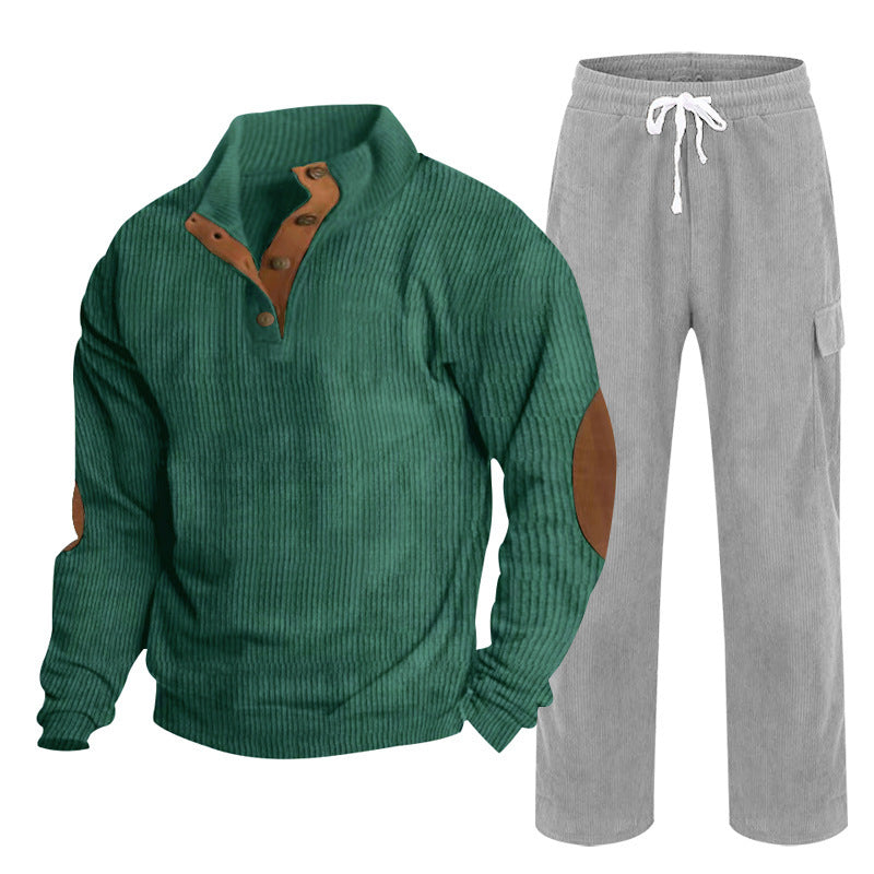 Herren nan Strick-Freizeitset mit Knopfleiste und Ellenbogenaufnähern sowie Cord-Cargohose EB