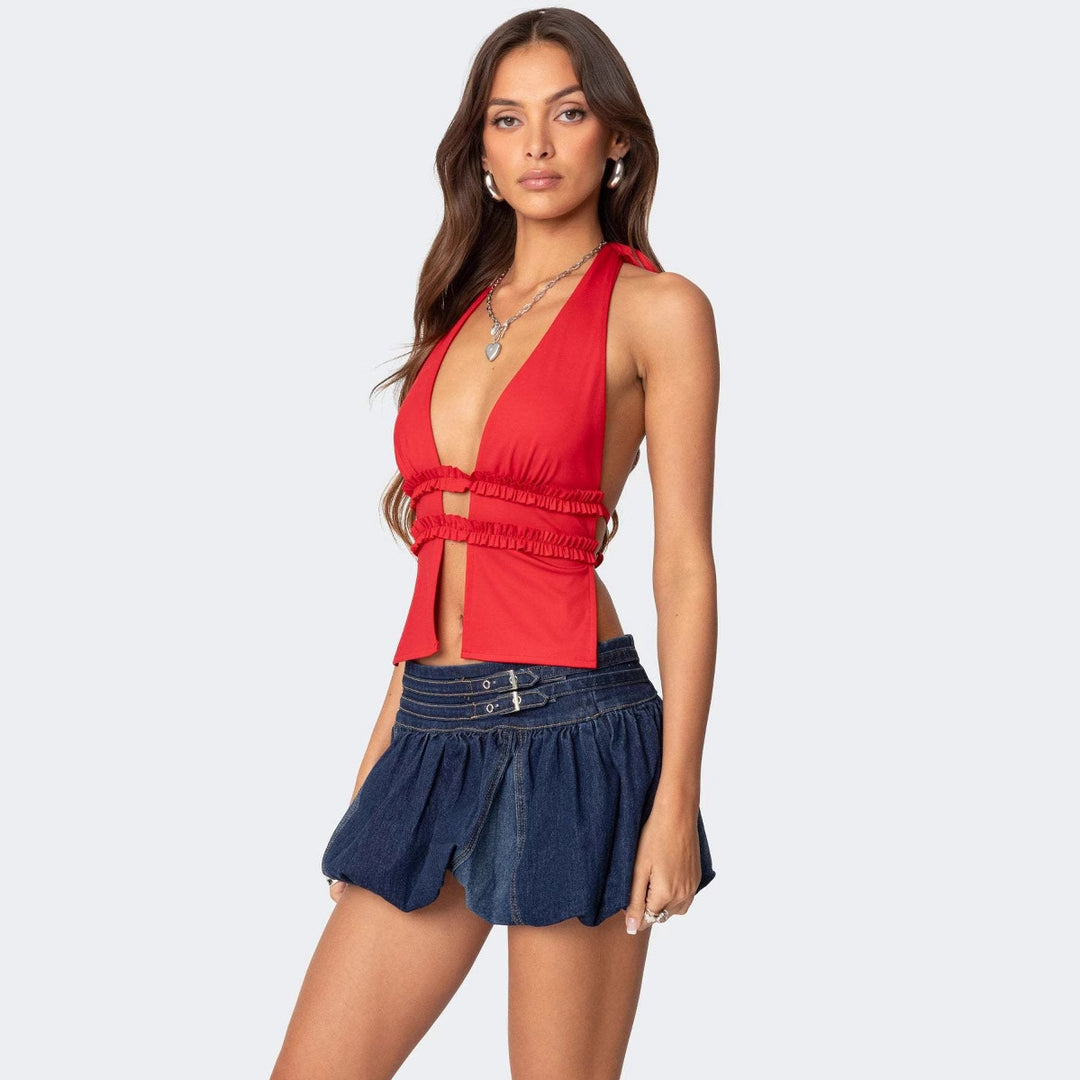 Damen Cropped Top mit halterlosem Ausschnitt und Rüschendetails EB