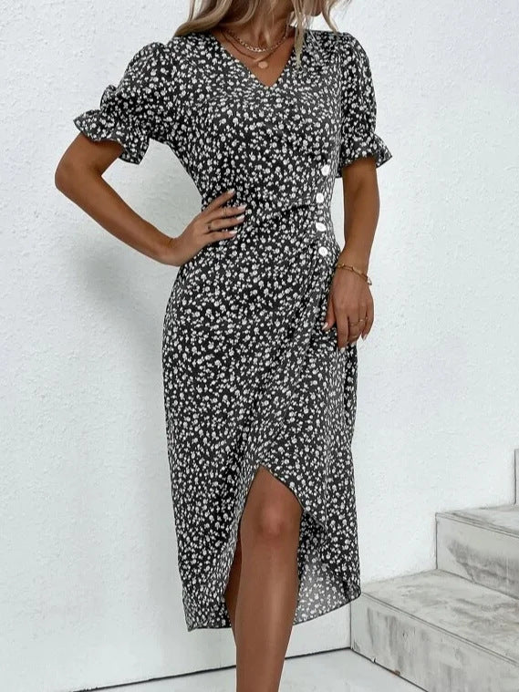 Damen Midikleid mit floralen Mustern und schmeichelndem V-Ausschnitt EB