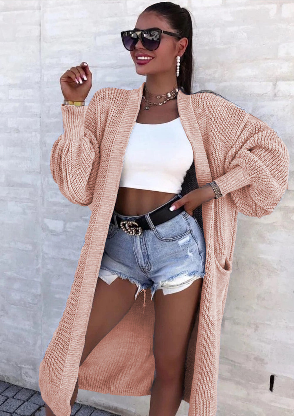 Damen Langer Strickcardigan mit weiten Ärmeln und praktischen Taschen EB