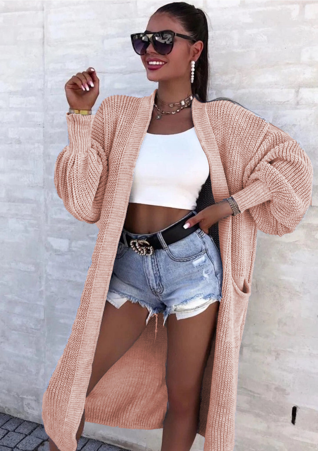 Damen Langer Strickcardigan mit weiten Ärmeln und praktischen Taschen EB