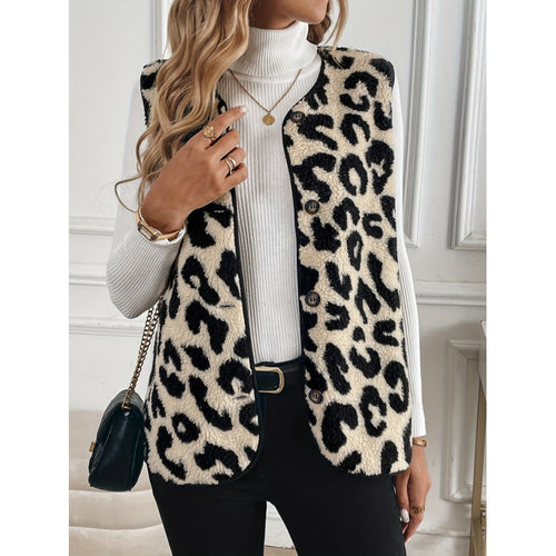 Damen Fellweste mit Leopardenmuster und Knopfverschluss EB