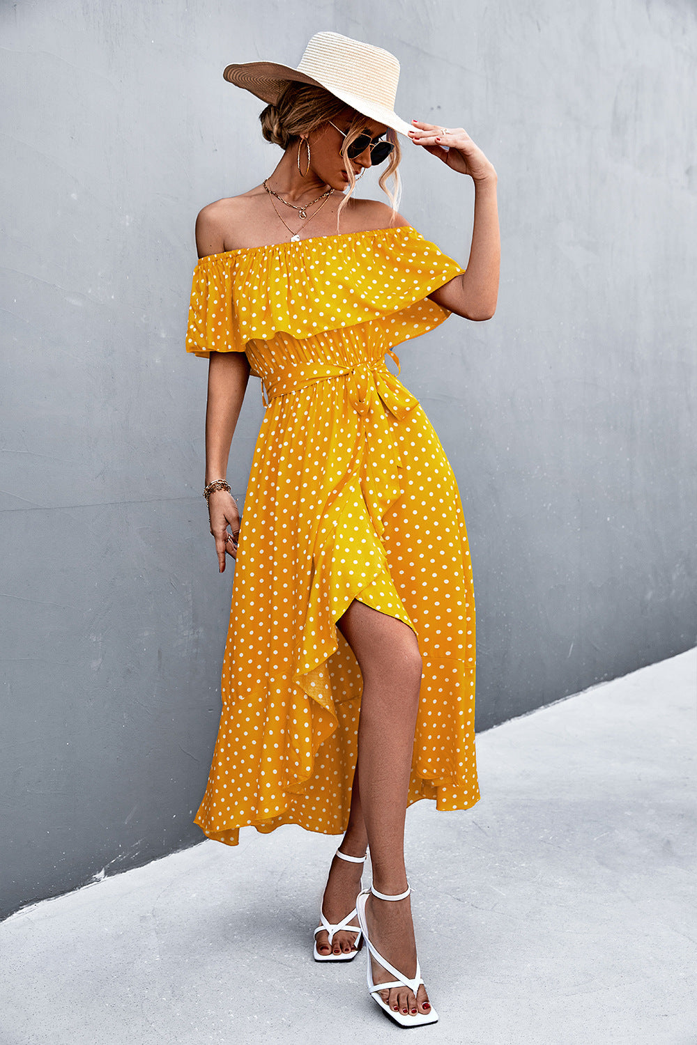 Damen Off-Shoulder Maxikleid mit Rüschendetails und seitlichem Schlitz EB