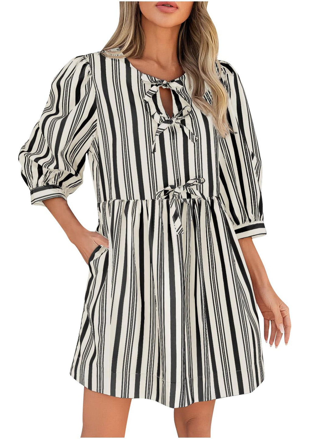 Damen lässiges gestreiftes Sommerkleid mit taillierter Silhouette EB