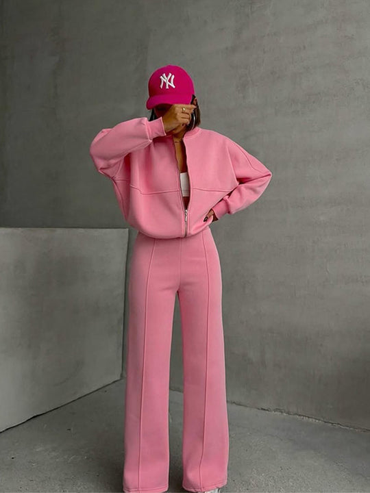 Damen nan Oversize Reißverschlussjacke mit weiter High-Waist Loungehose Set EB