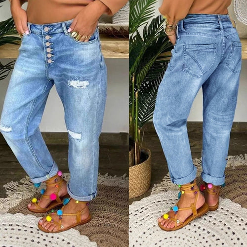 Damen Denim-Bundfaltenhose mit Knopfleiste und modischem Destroyed-Effekt EB
