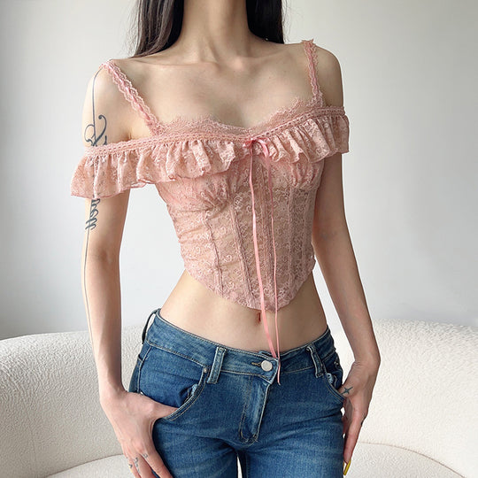 Damen Spitzenoberteil mit Rüschendetails EB