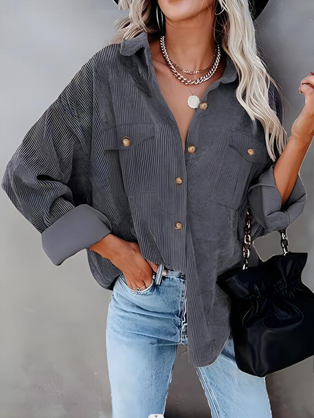 Damen lässige Kordjacke mit praktischen Taschen und Knopfdetails EB