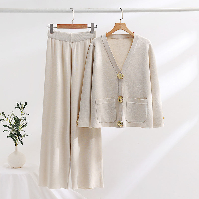 Damen elegantes Strick-Loungewear-Set mit weiten Bein und schönen Knöpfen EB