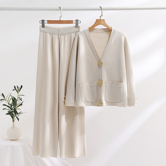 Damen elegantes Strick-Loungewear-Set mit weiten Bein und schönen Knöpfen EB