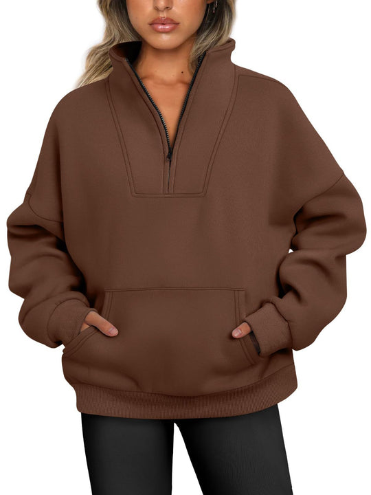 Damen nan oversized Halbzip-Hoodie mit hohem Stehkragen, Kängurutasche und gerippten Bündchen EB