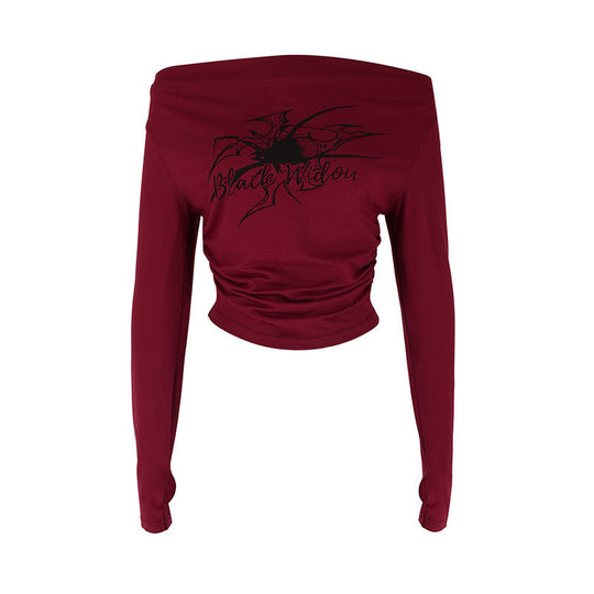 Damen cropped Langarmshirt mit Off-Shoulder Design und innovativem Batikdruck EB