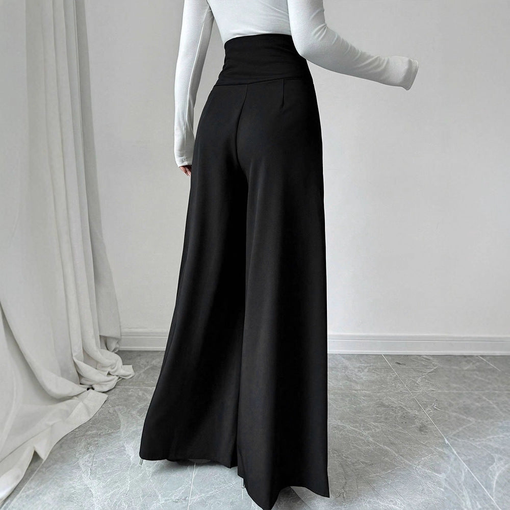 Damen Fließende Palazzo-Hose mit hohem Taillenbund und eleganten Knopfdetails EB