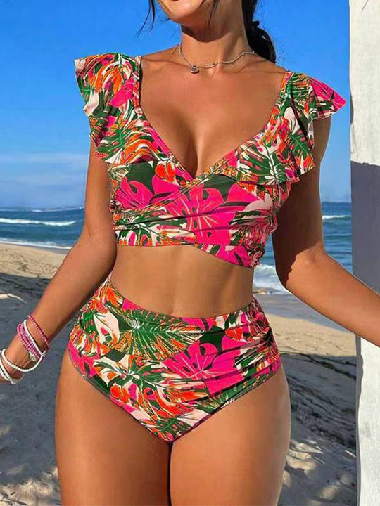 Damen Hoch-tailliertes Badebikini mit verspielten Rüschendetails EB